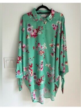Blume London Oversized Floral Tunic Blouse, Mint Green Hi-Low